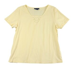 Karen Scott Yellow V Neck Short Sleeve T Shirt Lace‎ Detail XL